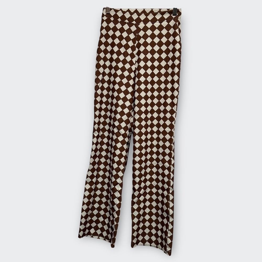 Brown White Checkered Diamond Print Flare Pants XS Side Zip Y2K Retro Festival